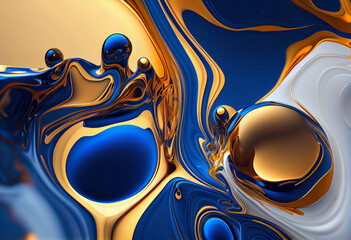 Blue and gold liquids on white background. Generative AI