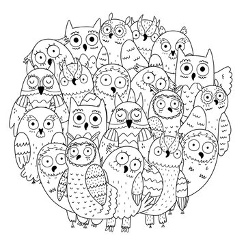 Cute doodle owls circle shape coloring page. Funny bird characters mandala for coloring book. Vector illustration
