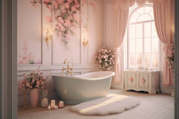 A large pink bathroom with a big tub and mirror. Ai generated.