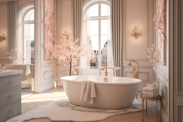 Fototapeta na wymiar A large pink bathroom with a big tub and mirror. Ai generated.