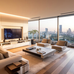 Fototapeta premium Living room with large glass windows and led lights by night. Ai generated.