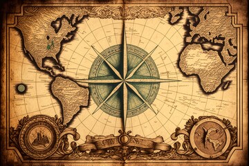 Old brown map with compass and wind rose. Tinted image in vintage style