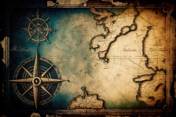 Old map with compass and wind rose. Vintage style. Travel concept