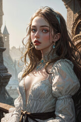 Fototapeta premium A portrait of a pretty young girl dressed as Alice in Wonderland. Generative AI.