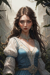 Fototapeta premium A portrait of a pretty young girl dressed as Alice in Wonderland. Generative AI.