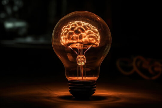Light bulb with a brain inside, neon light. AI generative. Idea concept.