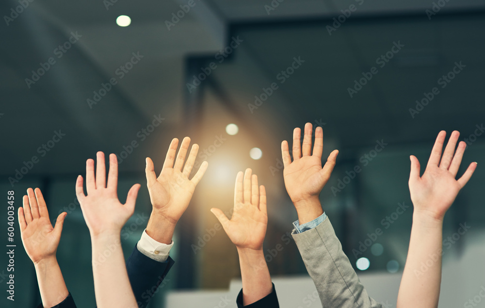 Poster palm, hands and group of business people with question for feedback in presentation, workshop and tr