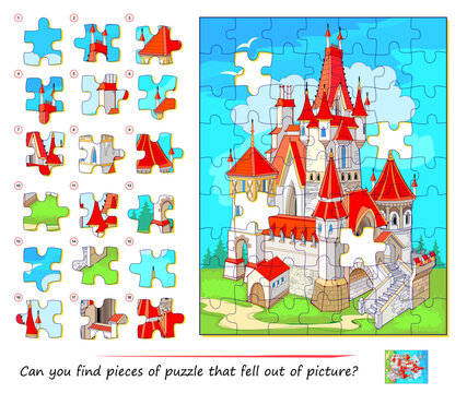 Logic game for children and adults. Can you find pieces of puzzle that fell out of picture? Page for kids brain teaser book. Task for attentiveness. Developing spatial thinking. Play online.