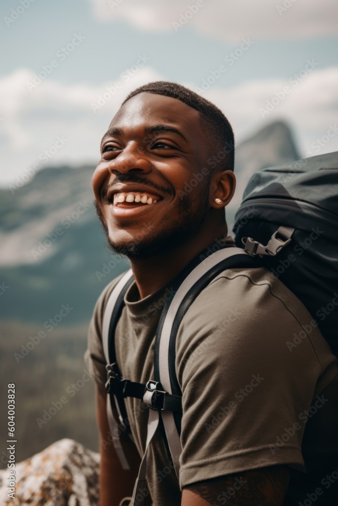 Wall mural a man with a backpack smiles at the camera. generative ai image.