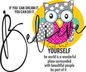 colorful lettering and owl print pattern