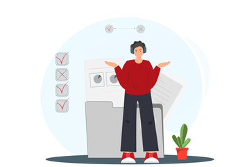 Person trying to solve the problem, thinking, searching idea, trying to find a solution, brainstorming concept, flat vector illustration