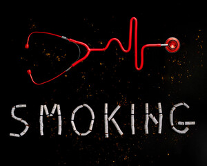 Stethoscope in the shape of a Heart Beat on a EKG with Text smoking made from broken cigarettes...