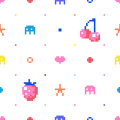 Vector Abstract Pixel Art Seamless Pattern Background. Repeat Texture Template With 8bit Video Game Elements, Hearts, Berries, Cherries, Monsters and Abstract Shapes.
