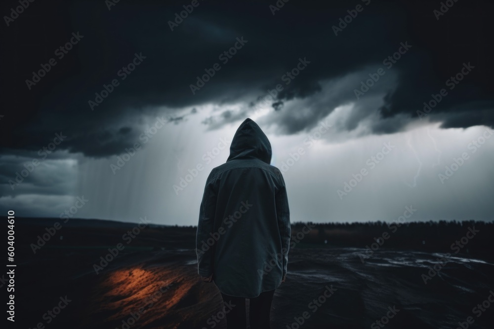 Poster a person in a hoodie standing in front of a storm. generative ai image.