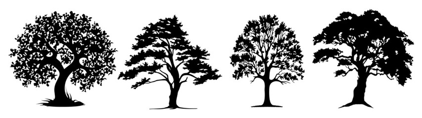 Forest woods leaves tree vector illustration set collection for logo - Black silhouette of different , isolated on white background (Generative AI)