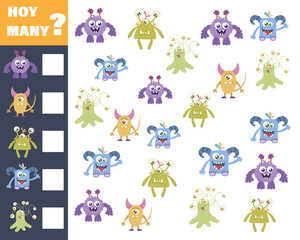 Counting game for preschool children. Educational math game. Count how many monsters there are