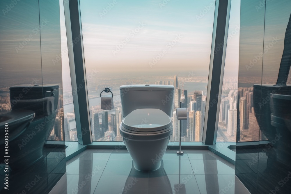 Poster a toilet in a bathroom with a view of a city. generative ai image.