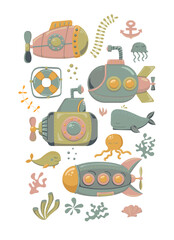 Submarines and marine inhabitants. Coloring. Designed for printing, fabrics, textiles, postcards. Marine print. Submarine. Vector illustration - obrazy, fototapety, plakaty