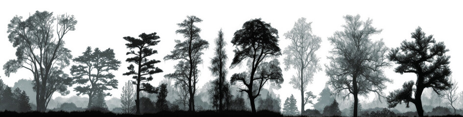 various silhouettes of pine trees, in the style of detailed engraving, elegant brushstrokes. Generative Ai Illustration.