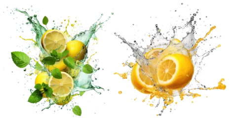Poster refreshing lemon juice splash liquid explosion with mint leaves on transparent background © EOL STUDIOS