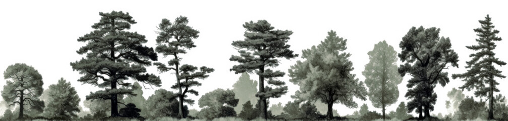 various silhouettes of pine trees, in the style of detailed engraving, elegant brushstrokes. Generative Ai Illustration.