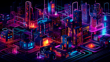 Digital art illustration city neon lights - AI generated