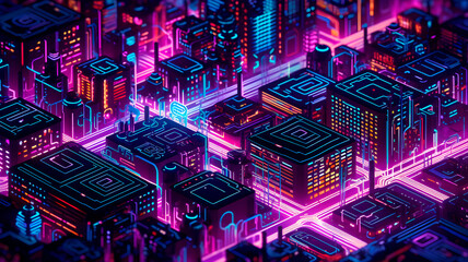 Digital futuristic cities, with neon lights and buildings AI Generated