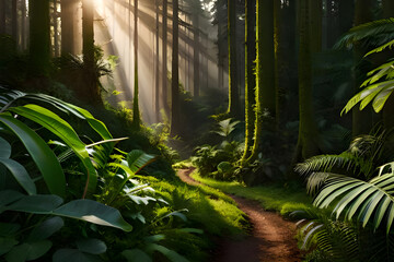 Exploring a Forest Filled with Green Trees and Meandering Paths, a detailed matte painting, photorealism, volumetric lighting, matte painting, anamorphic lens flare, Generative AI