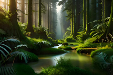 Exploring a Forest Filled with Abundant Green Trees and Glistening Rivers, a detailed matte painting, photorealism, volumetric lighting, matte painting, anamorphic lens flare, Generative AI