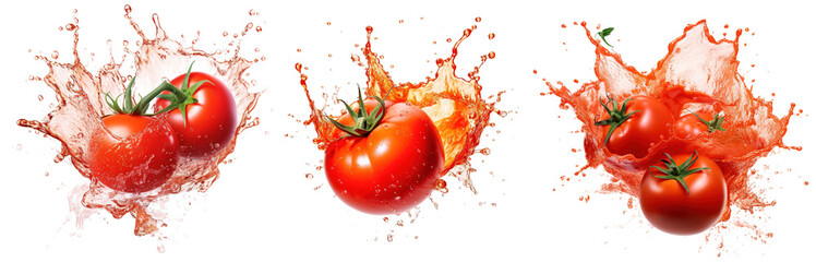 a fresh, ripe tomato with tomato juice and sauce splash on transparent background