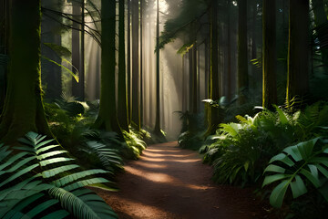 Fototapeta na wymiar Discovering a Forest Abundant with Green Trees and Serene Paths, a detailed matte painting, photorealism, volumetric lighting, matte painting, anamorphic lens flare, Generative AI