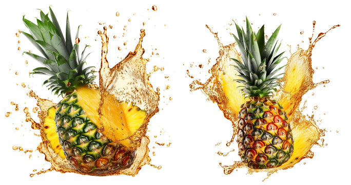 a fresh, ripe pineapple with a pineapple juice splash on transparent background