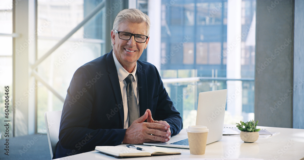 Poster businessman smile, portrait and in an office with a laptop for communication and connectivity. corpo