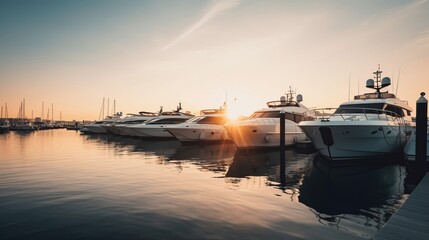 Luxury yachts docked in sea port at sunset. Marine parking of modern motor boats and blue water Generative AI - obrazy, fototapety, plakaty