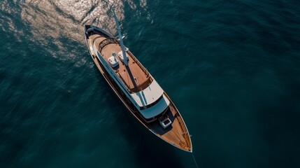 Fototapeta na wymiar Aerial drone top down photo of luxury yacht with wooden deck anchored in open ocean sea Generative AI