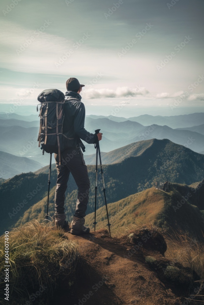 Aufkleber a man standing on top of a mountain with a backpack. generative ai image.