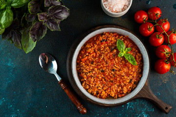 classic italian bolognese sauce. Preparing lasagna. Making lasagna sauce. Italian food. Meat stew.