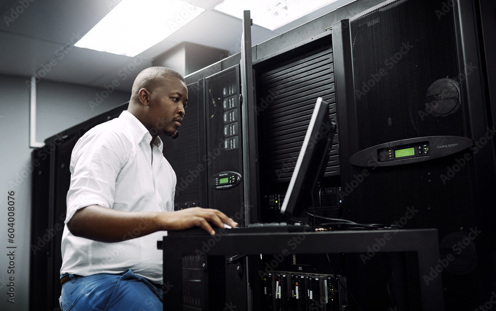 Poster engineer, black man or coding on laptop in server room for big data, network glitch or digital websi