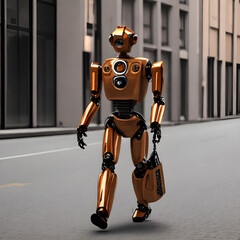 Yellow messenger robot with bag walking in the street for commercial client.Generative ai.