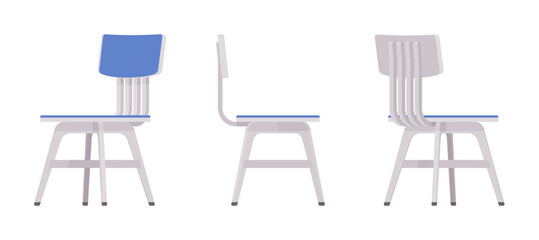 Dining side chair furniture set in light, blue. Wood seat, back rest, kitchen room, cafe, restaurant classic modern interior design. Vector flat style cartoon home, office isolated, white background
