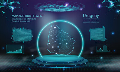 uruguay map light connecting effect background. abstract digital technology UI, GUI, futuristic HUD Virtual Interface with uruguay map. Stage futuristic podium in fog. - obrazy, fototapety, plakaty