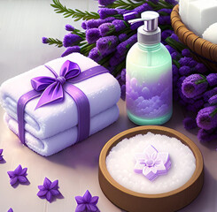 Obraz na płótnie Canvas Care products. Lavender. Home spa. Digital art illustration. Generative Ai