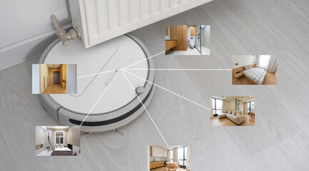 people, housework and technology concept. robot vacuum cleaner.