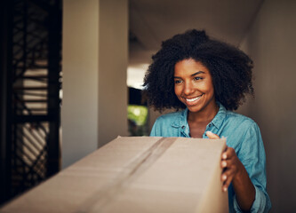 African woman, front door and package for delivery, e commerce and shipping service with happiness...