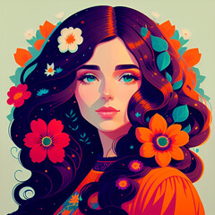 Portrait of a beautiful woman with flowers in her hair. Cartoon style. Vector style. Generative Ai.