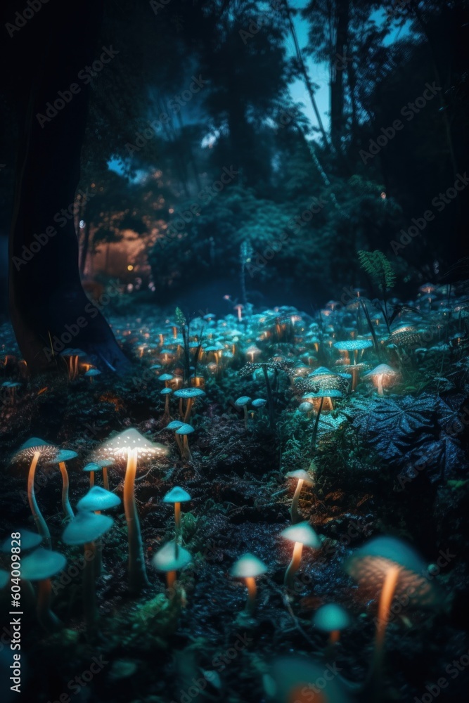 Aufkleber a person standing in the middle of a field of mushrooms. generative ai image.