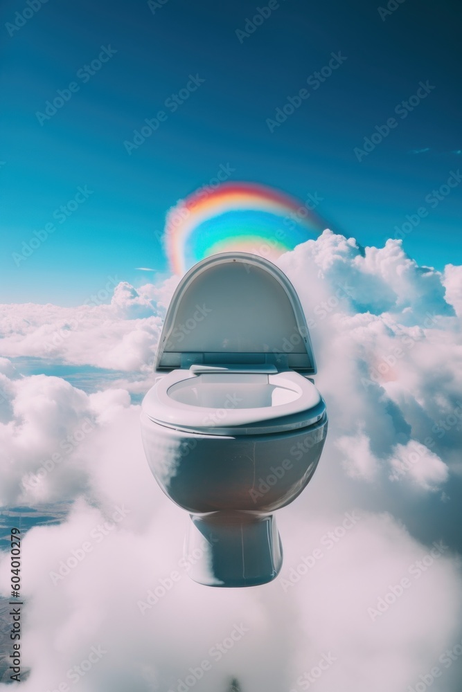 Poster a toilet in the clouds with a rainbow in the sky. generative ai image.