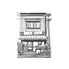 Simple sketch from one most house store in city side. House who have a bicycle in front of window, two air cooler in door side, and have a many of  decorative plants. 