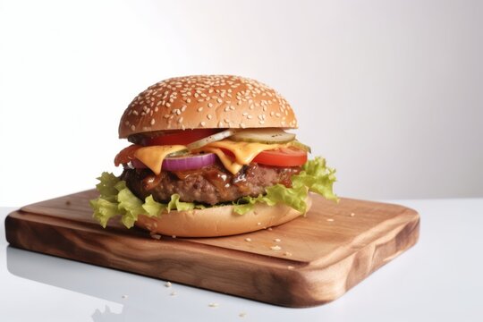 A hamburger on a wooden cutting board. Generative AI
