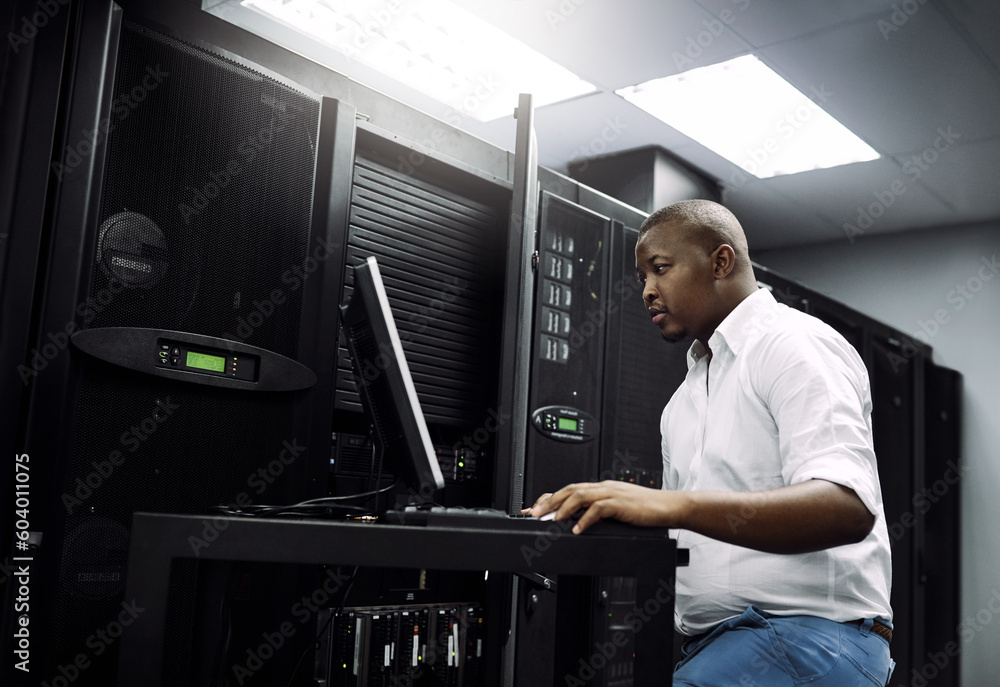 Poster it support, black man or coding on laptop in server room for big data, network glitch or digital web